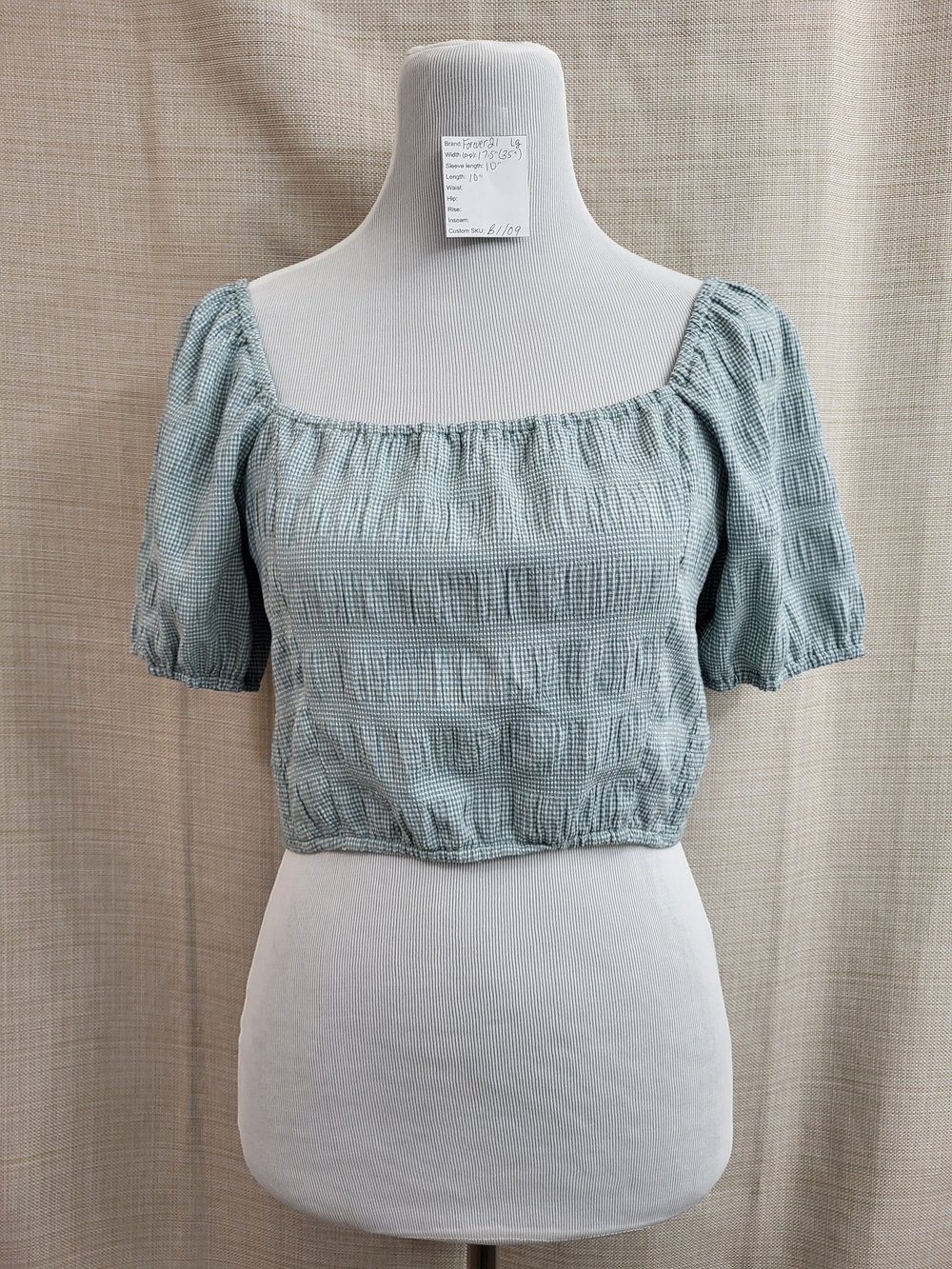 Forever 21 Women's Green White Gingham Smocked Crop Top Size Lg Coastal Cottage